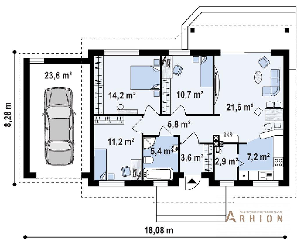 2. Проект одноэтажного дома в европейском стиле с двускатной кровлей, Z7 L GL, площадью - 106 кв c терассой, гаражом